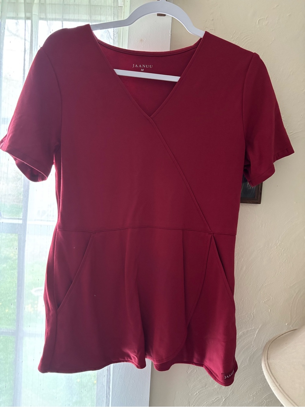 Jaanuu Short-Sleeve V-Neck Scrub Top in Burgundy
